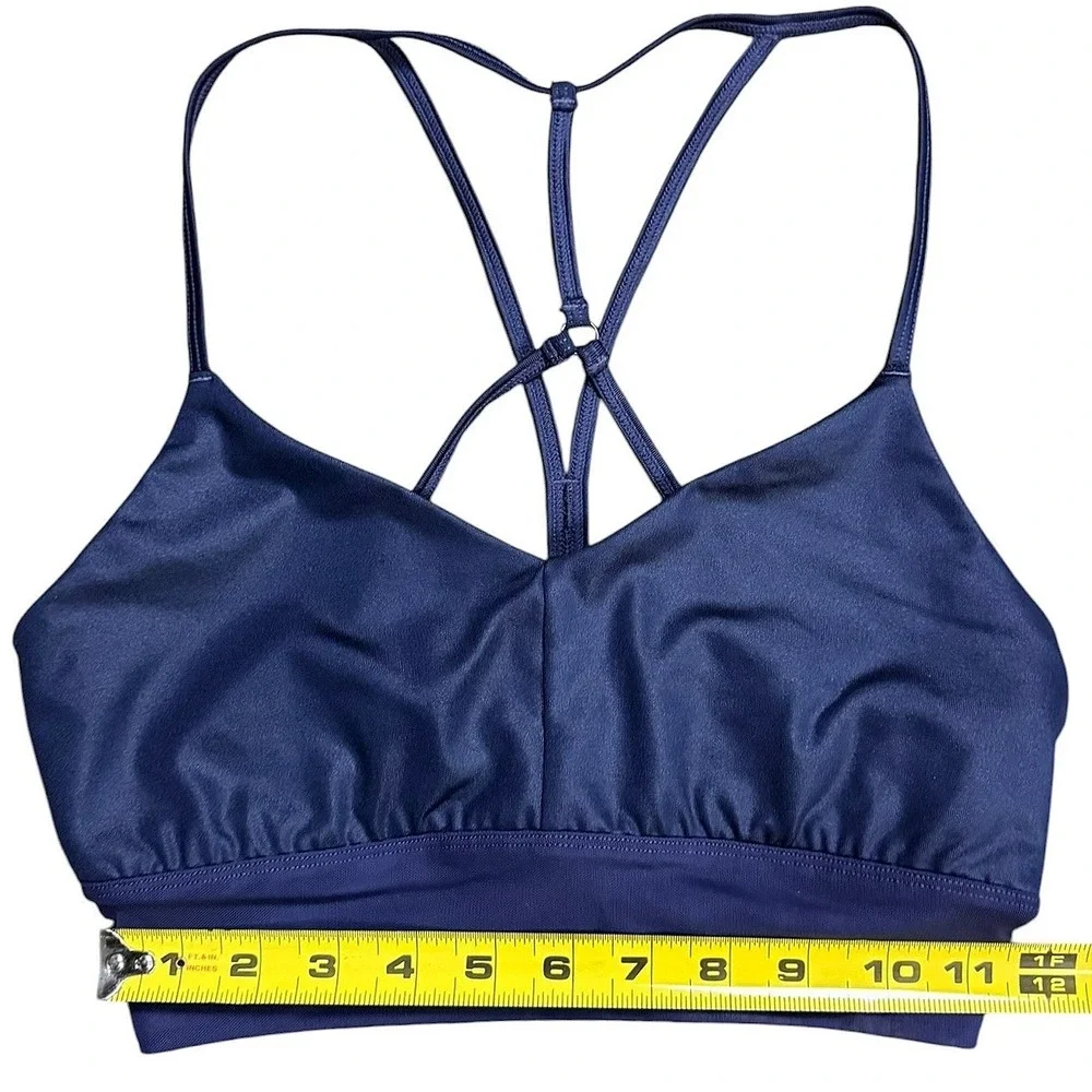 Alo Yoga Navy Blue Strappy Crisscross Back Sports Bra Medium V-Neck Metallic